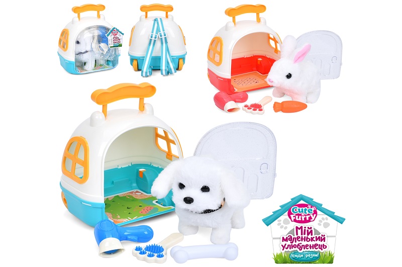 Тварина в переносці 040-41 (32шт) 16см, звук, ходить, набір грумера, переноска-рюкзак, 2 види(зайчик