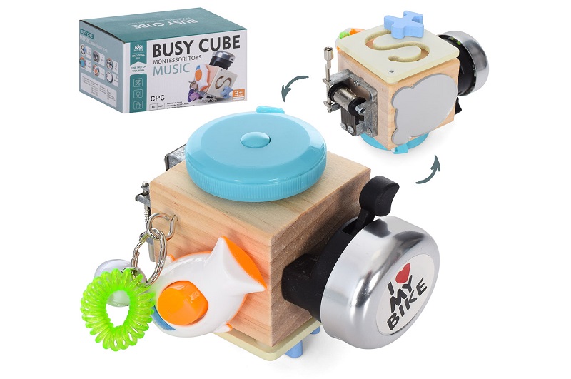 Дерев'яна іграшка Бізіборд MD 1760 (20шт) бізікуб, лабіринт, дзвінок, музика(заводна), вмикач, рулет