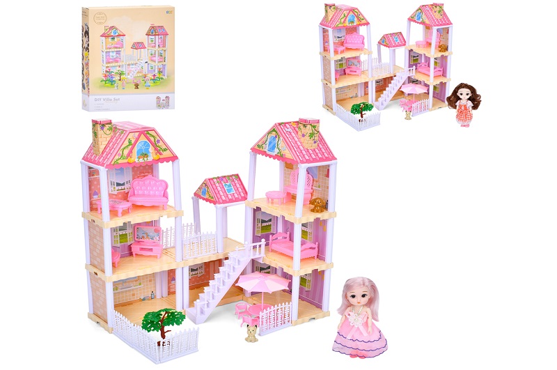 Будиночок 666-5AA-1-16 (16шт) 3 поверхи, меблі, лялька 15см-шарнірна, собачки, 2 види, 133дет, в кор