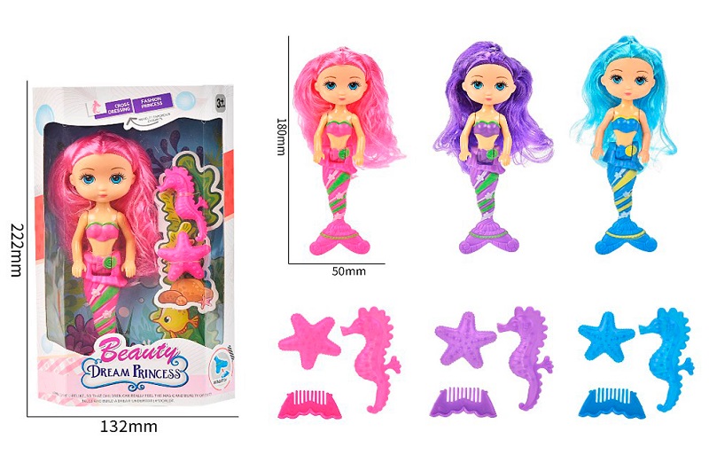 Лялька 1802 (144шт) русалка, 18см, морські мешканці, гребінець, 3 кольори, в кор-ці, 13,5-22-5см