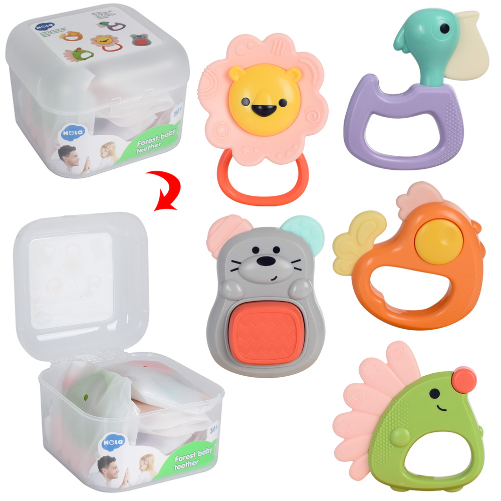 Брязкальце E318A (18шт) тваринки, 5шт, 9см, прорізувач, в пласт.ящику, 14,5-15,5-10,5см