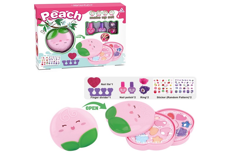 Косметика JYN-203 (24шт) персик, 2 яруси, 10,5-10,5-5см, тіні, набір для манікюру (лак 2шт, наліпки,