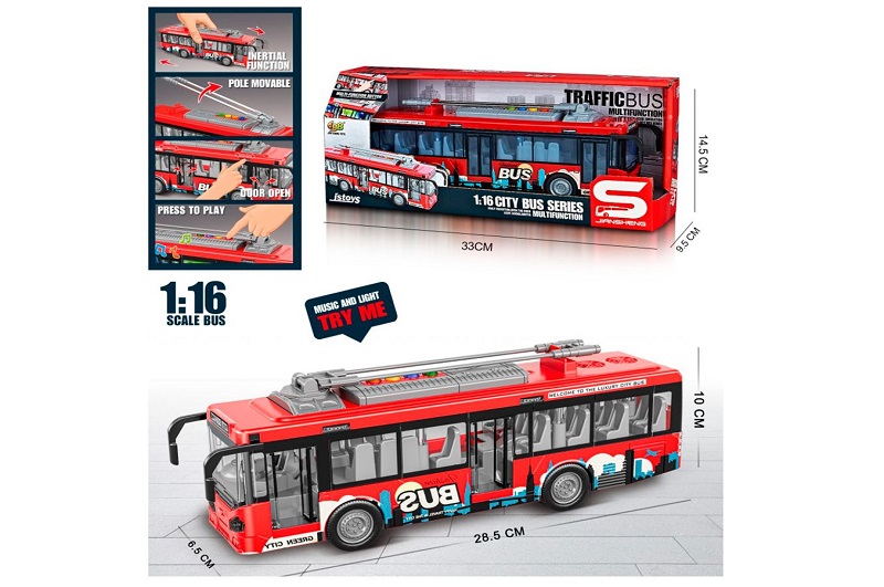 Автобус JS121 (18шт) інерція, тролейбус 28см, 1:16, звідчиняються двері, вук, світло, гумові колеса,