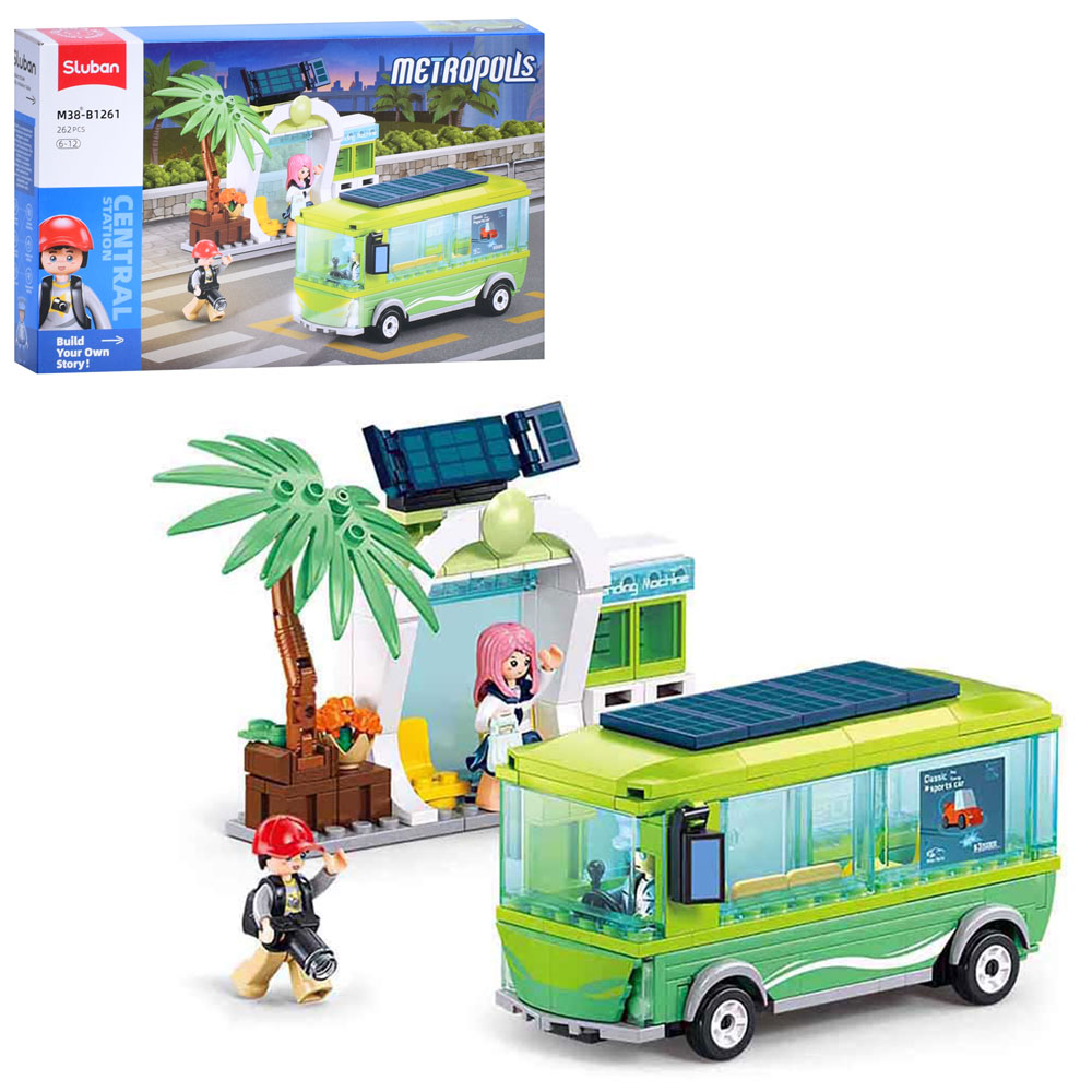 Конструктор SLUBAN M38-B1261 (16шт) міська серія, автобус 13,7см, зупинка 16,2см, фігурки, 262дет, в