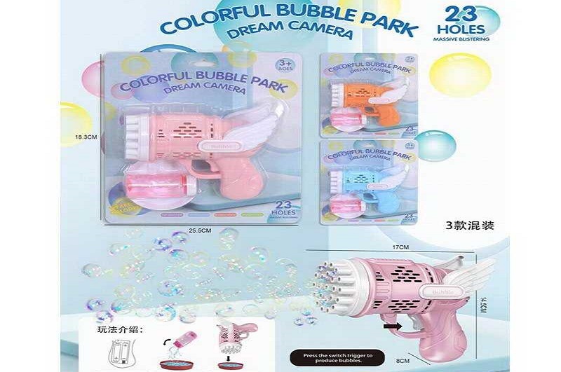 Пістолет з мильними бульбашками 10167 (120/2)  3 кольори, на бат., автом.режим, 23 отвори, розчин