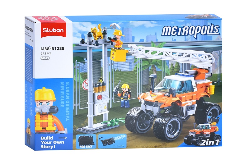 Конструктор SLUBAN M38-B1288 (16шт) місто, машина 2в1(стріляє, вишкка) 16см, електричний стовп, фігу