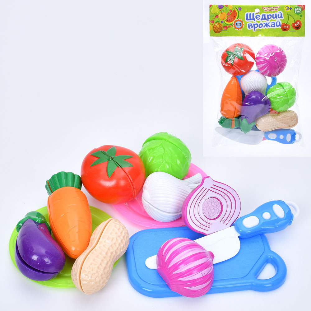 Продукти 998-8A (96шт) на липучці, овочі, дошка, тарілка, ніж, у пакеті, 16,5-23,5-6,5см