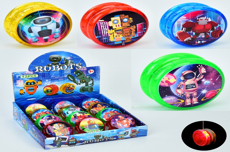 Йо-йо MR 1367-2 Упак12шт(72шт) 6см, принт-робот, світло, бат(табл)4 кол/мікс вид, 12шт в дисплеї, 22