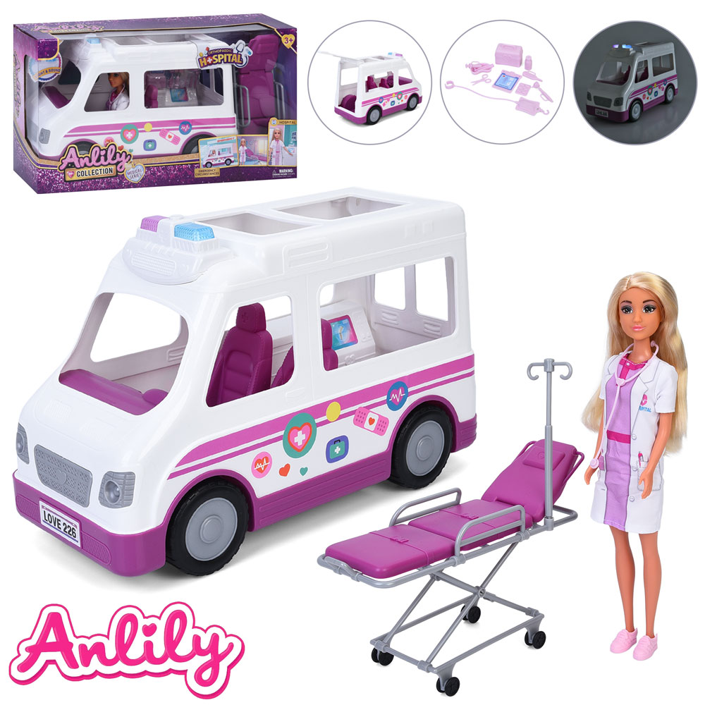 Лялька 636119 (8шт) лікарка, 28см, машина/швидка допомога (37см, звук, світло), каталка медична 25см