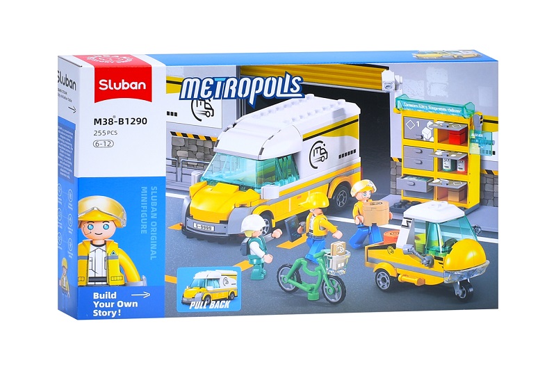 Конструктор SLUBAN M38-B1290 (16шт) міська серія, спецтехніка, машина 13,3см, трицикл 8см, поштомат