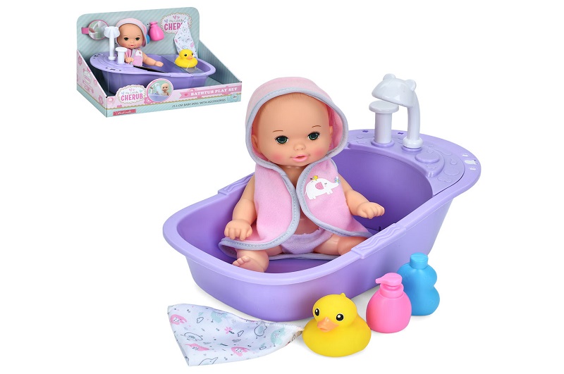 Пупс 68382B2-1801 (12шт) 21см, ванна-ллється вода(механіч), качка-бризгалка 5см, аксесуари, в кор-ці