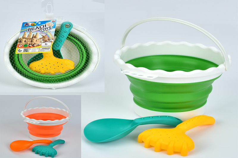 Набiр для пiсочницi JX6892 (50шт) відро-трансформер 16см (складене-7см), лопатка, граблі, 2 кольори,