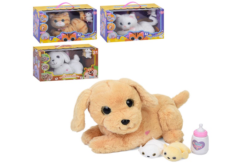М'яка іграшка 933-81-140E (8шт) 25-17-20см, сенсорна, звук, малята (2кошенят або 2цуценят), пляшечка