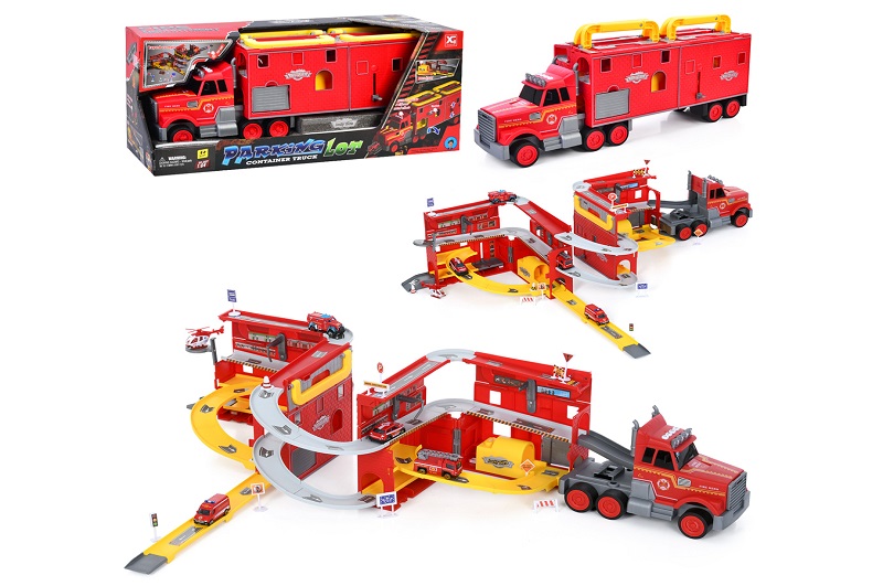 Гараж XG879-121 (6шт) 2в1(трейлер 59см), транспорт, 1:64, звук, світло, дорожні знаки, на бат(табл),