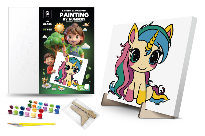 Набір для розпису по номерах 25х25 см QB900-012/QB901-012 Веселкова Єдиноріжка" з фарбами металік,"