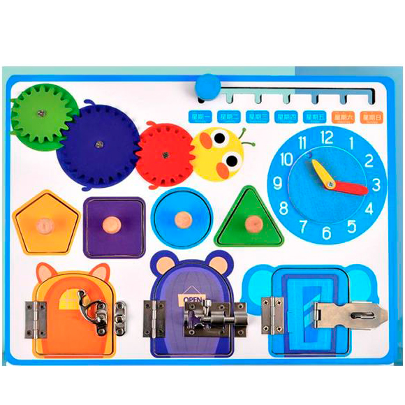 Дерев'яна іграшка Бізіборд MD 0886 (20шт) 30-22,5см, шестерні, рамка-вкладиш з ручкою, двері відчиня