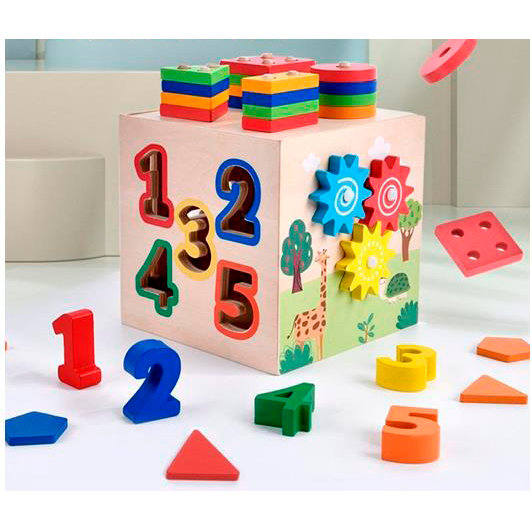Дерев'яна іграшка Центр розвиваючий MD 0891 (9шт) куб, 14,5-15,5-14,5см, цифри 1-5, шестерні, геомет