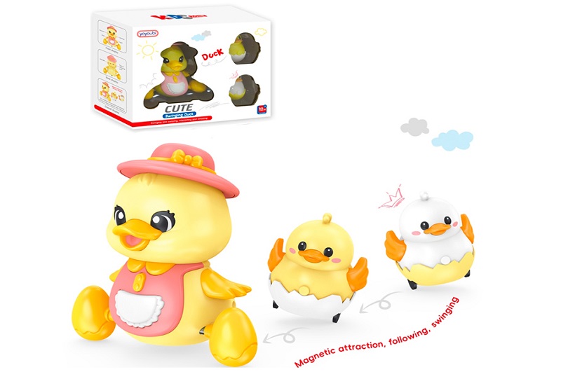 Музична іграшка 223 (18шт) качка 14,5см (їздить, музика, світло, регулятор гучності), каченята 2шт 9