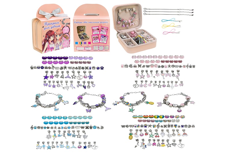 Набір аксесуари для дівчат арт. B4351 (20шт)   типу пандора, у шкатулці, 3 браслети, 3 підвса на шию