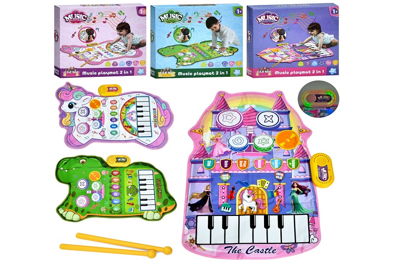 Килимок YYD-01-02-03 (15шт) музичний, 90-58/64см, піаніно, барабани, палички 2шт, музика,світло, зап