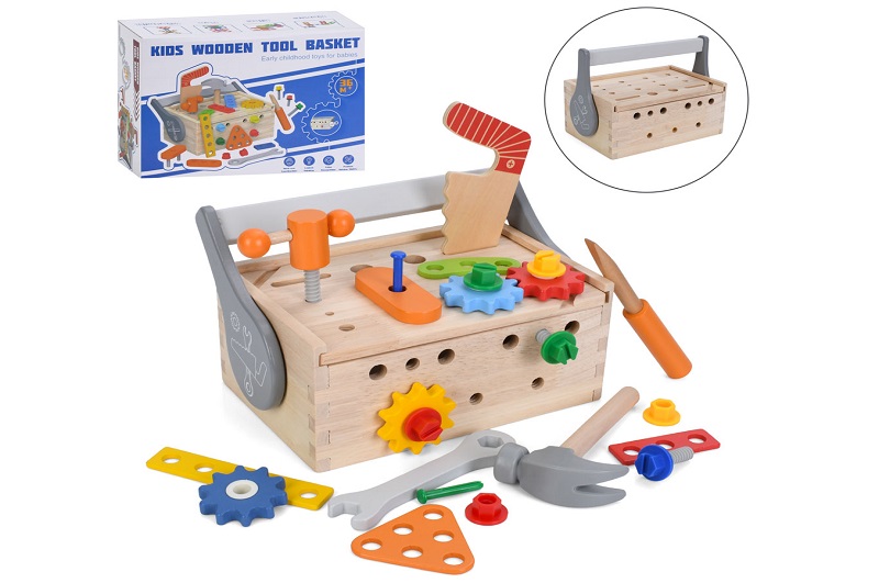 Дерев'яна іграшка конструктор MD 0749 (18шт) на шурупах, набір інструментів, шестерні, болти, ящик,