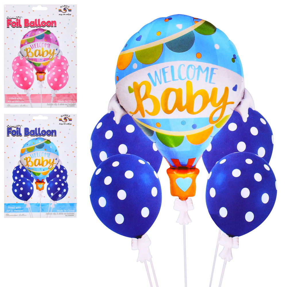 Повiтрянi кульки MK 5487 (100шт) Welcome baby, 5шт (1шт - 31дюйм, 4шт - 12дюйм), 2 види (рожевий, бл