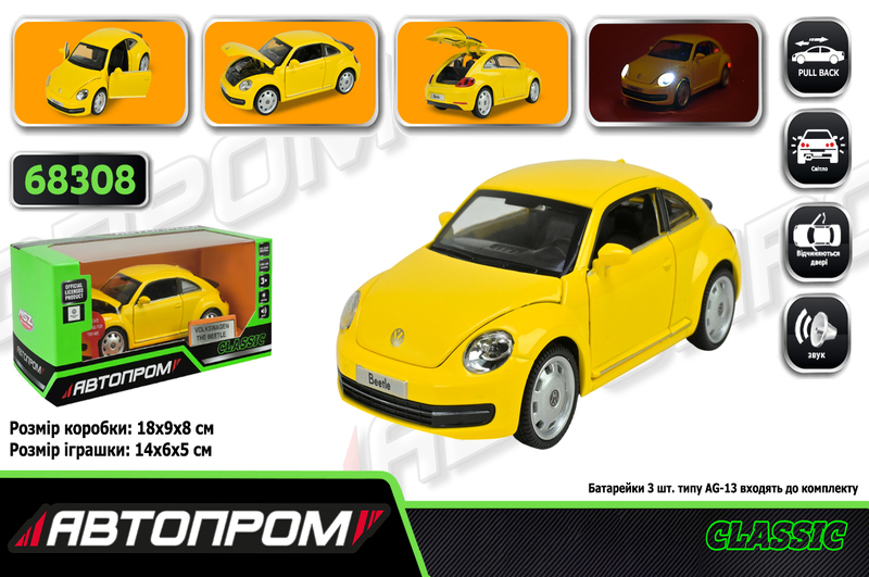 Машина мет. АВТОПРОМ арт. 68308 (48шт/2)  1:31 Volkswagen The Beetle, батар,світло,звук,відкр.двері,