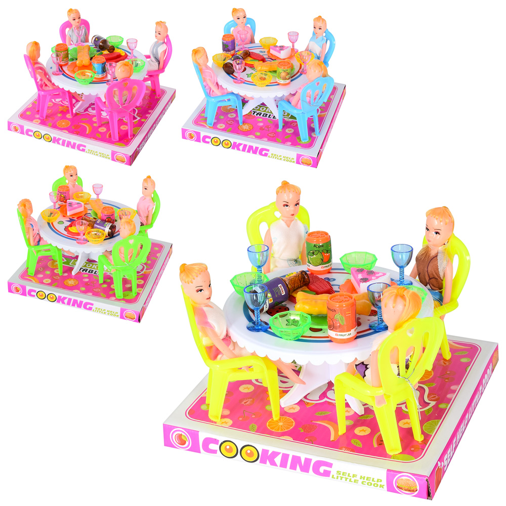 Їдальня 66-2R (60шт) стіл, стільці, лялька 4 шт., посуд, мікс кольорів, бліст., 18,5-13-18 см.