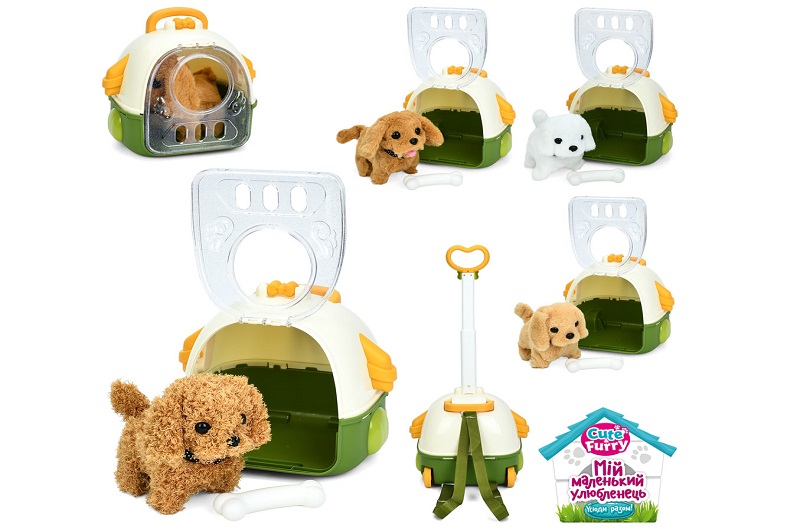 Собака 777-114B (24шт) 16см, ходить, звук, рухливий хвіст, плюш, кістка, 4 види, рюкзак (2колеса,руч