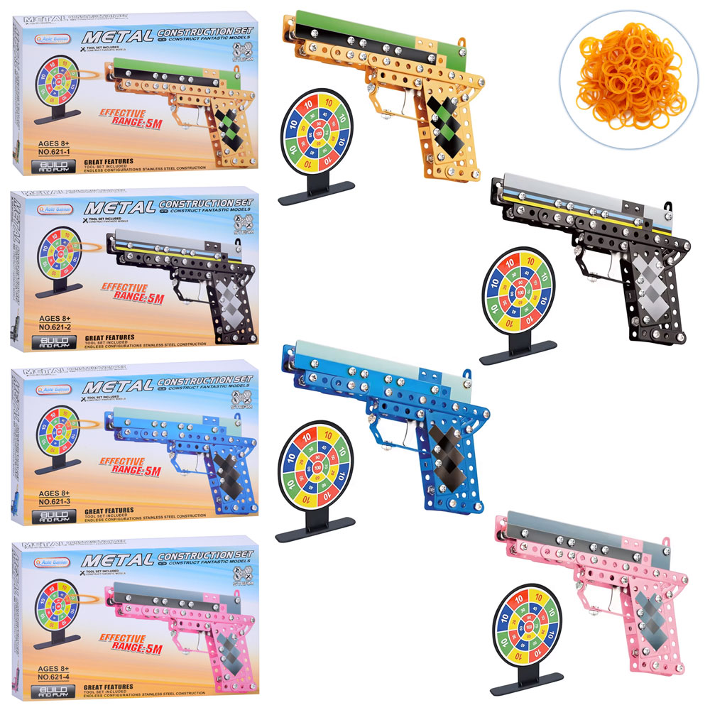 Конструктор 621-1-2-3-4 (36шт) метал, пістолет, мішень, резинки, наліпки, 4 види, в кор-ці, 31,5-20,
