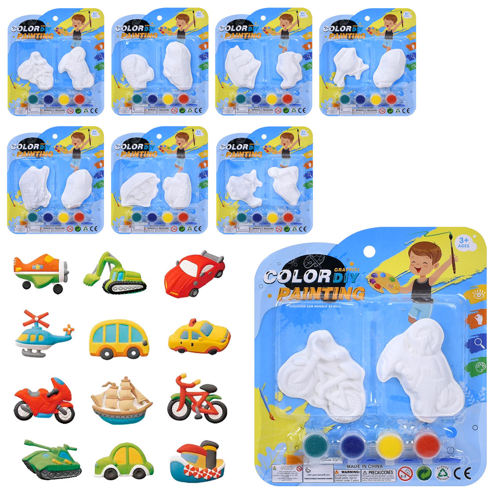 Набір для творчості MK 5492 (120шт) гіпсові фігури 2шт, транспорт, 7см, фарби 4шт, пензлик, мікс вид