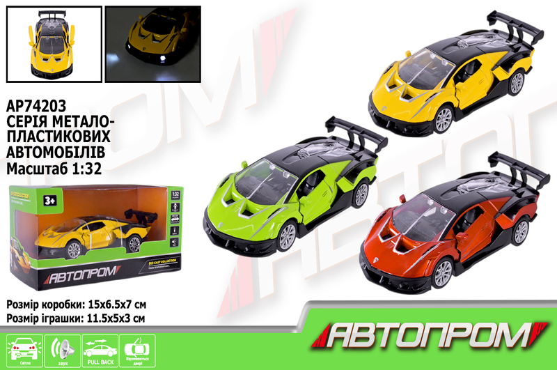 Машина мет. АВТОПРОМ арт. AP74203 (48шт) 1:32,3 кольори, відкр.двері, батар.,світ., звук,короб.15*6,