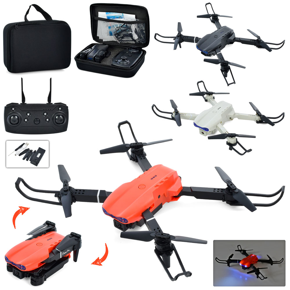 Квадрокоптер E99 (4шт) р/к, акум,20см,камера, світло,зап.лоп,USBзар,3 кольори,в валізі, 21-16-6см