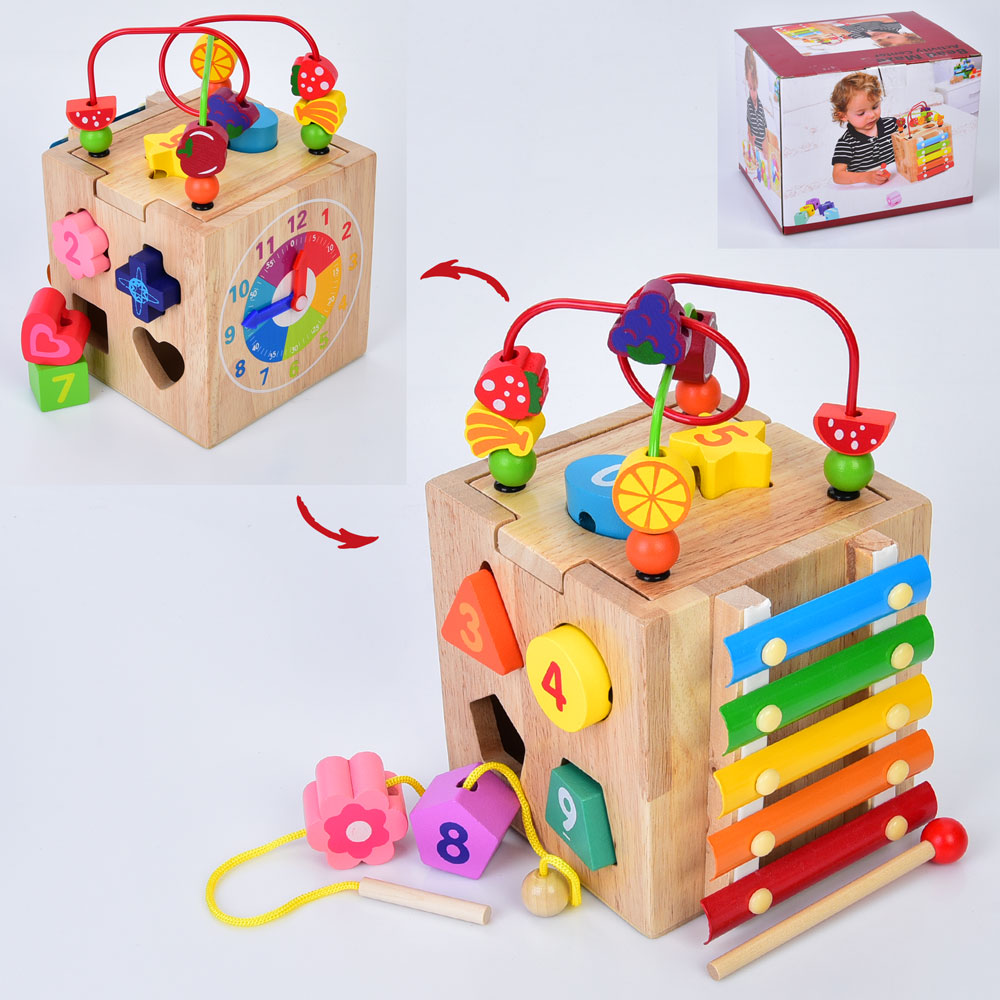 Дерев'яна іграшка Центр розвиваючий MD 0821 (12шт) куб, лабиринт на дроті, 24-15-15см, сортер, фігур