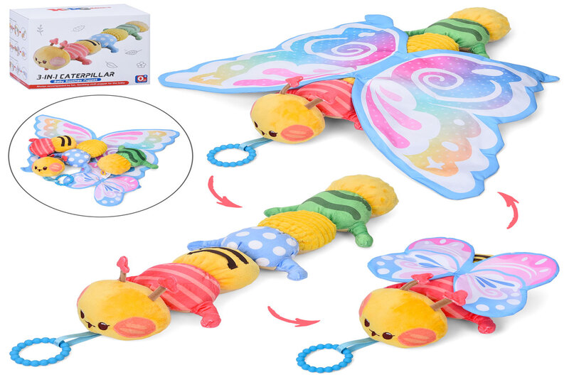 Брязкальце м'яке 302 (24шт) 3в1(гусениця 63см, 2 метелики крила 20см і 56см) розбірне, шарудіння,  в