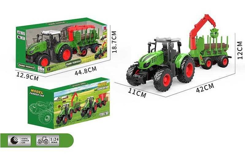 Трактор 99-82 A (24) довжина 42 см, масштаб: 1:24, гумові колеса, причіп з маніпулятором, в коробці