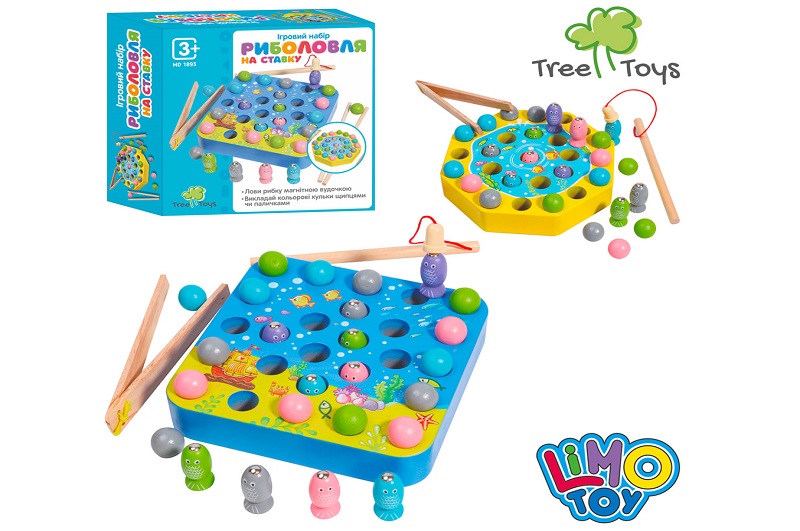 Дерев'яна іграшка Рибалка MD 1893 (24шт) магнітна, рибки, вудка, пінцет, палички, кульки, в кор-ці