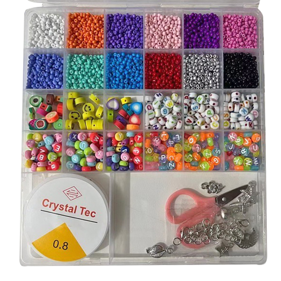 Бісер 247 (60шт) намистини(англ.літери, смайли), підвіски, ножиці, метал+пластик, у пеналі, 19-20-2с