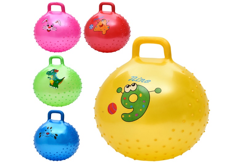 М'яч для фітнесу MS 4857 (25шт) 45см, з ручкою, 350г, масажний, мікс видів/5кольорів, у пакеті, 19-1