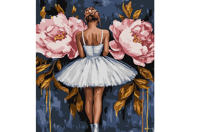 Картина по номерах Балерина з рожевими півоніями з фарбами металiк extra" 40x50см  KHO8662"