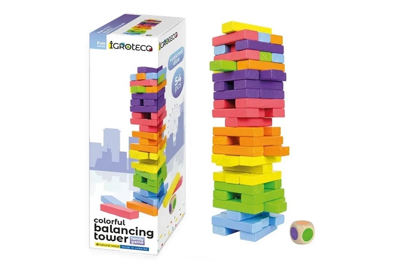 Гра настільна Вежа-балансир (Дженга) кольорова з кубиком  Ігр0781