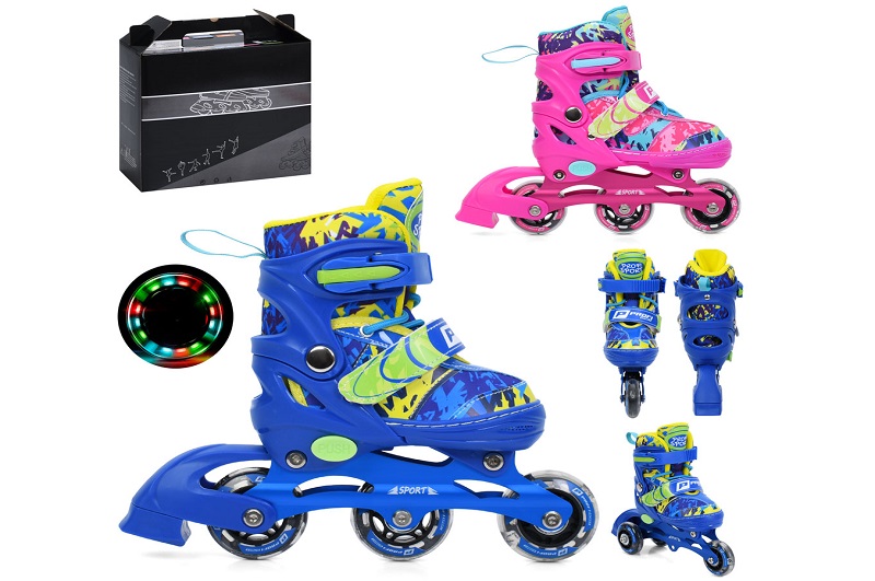 Ролики A4160-XS (6шт) розсувні, шнурівка+бакля, алюм.рама, 3 колеса ПВХ 61мм, 1світло, устілка 15см