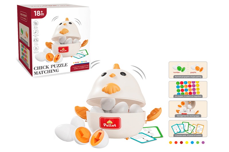 Гра FXB-36 (18шт) курча, 20-19-17см, яйця-пазли (цифри, ігури), картки, в кор-ці, 18,5-20,5-18,5см