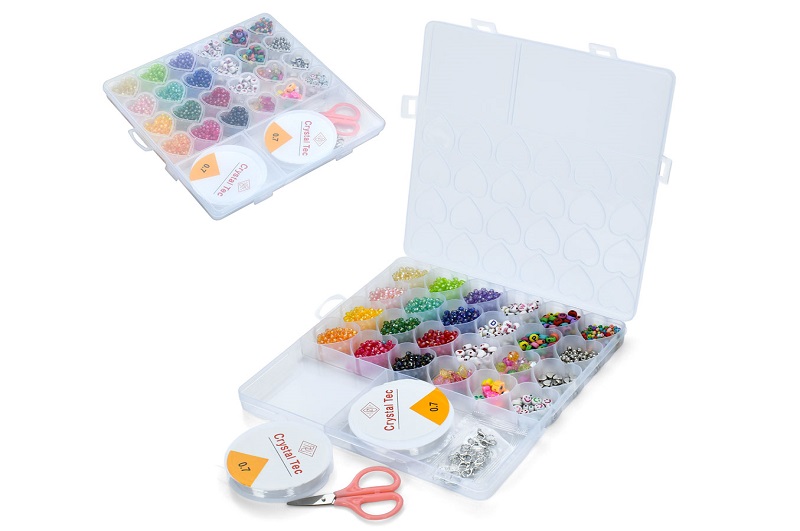 Бісер A103-13K (60шт) намистини-англ.літери, паєтки, ножиці, у пеналі, 20-20-2см
