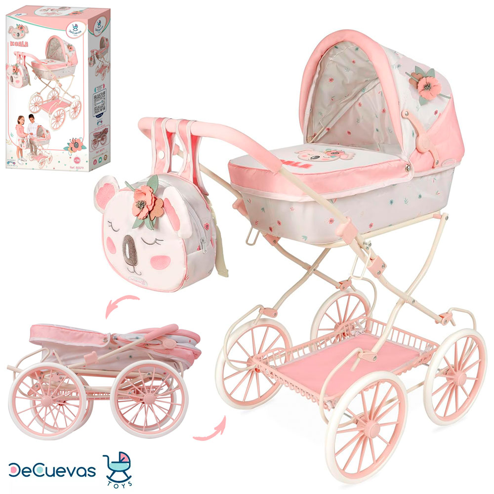 Коляска 80079 (4шт) для ляльки, 80-42-в81см, класика, рюкзак, корзина, принт-коала, метал, в кор-ці