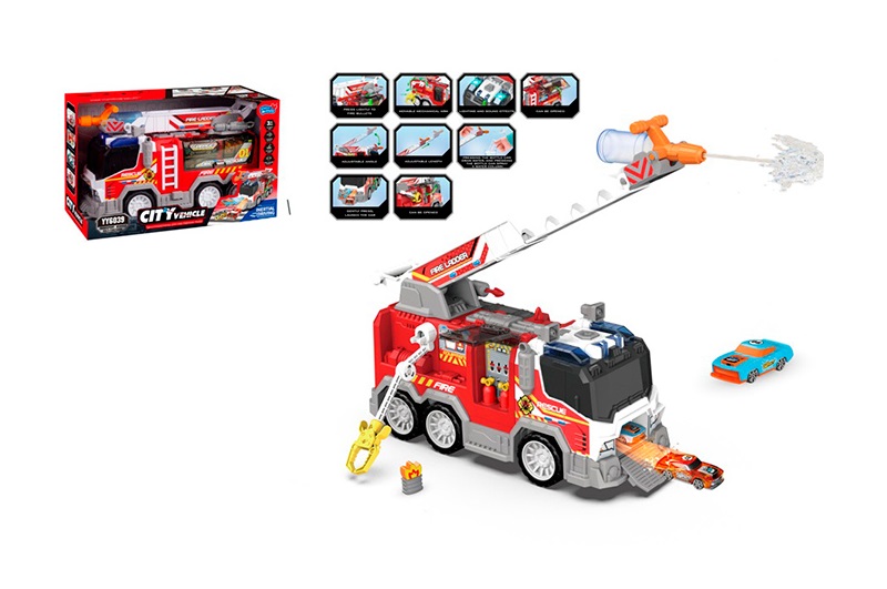 Пожежна машина YY6039 (8шт) інерція, 36см, звук, світло, бризкає водою, машина 6,5см 2шт, стріляе ку