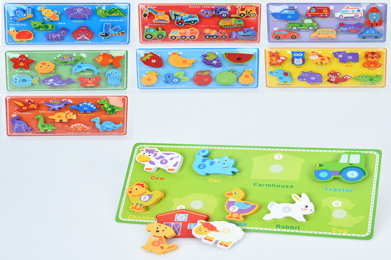 Дерев'яна іграшка Рамка-вкладиш MD 1987 (60шт) на липучці, 9 фігур, 8видів, у пакеті, 30-15-1,5см