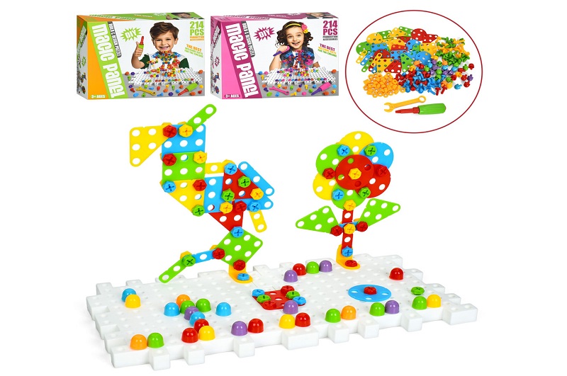 Мозаїка 666-61-62 (60шт) 2в1, болти, ігровеполе(пазли, 2дет), інструменти, 214дет, 2 види, в кор-ці,