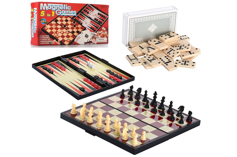 Шахи 9841 А (48шт)магнітні, 5в1 (нарди, шашки, доміно, карти), в кор-ці,  25-13-3,5см