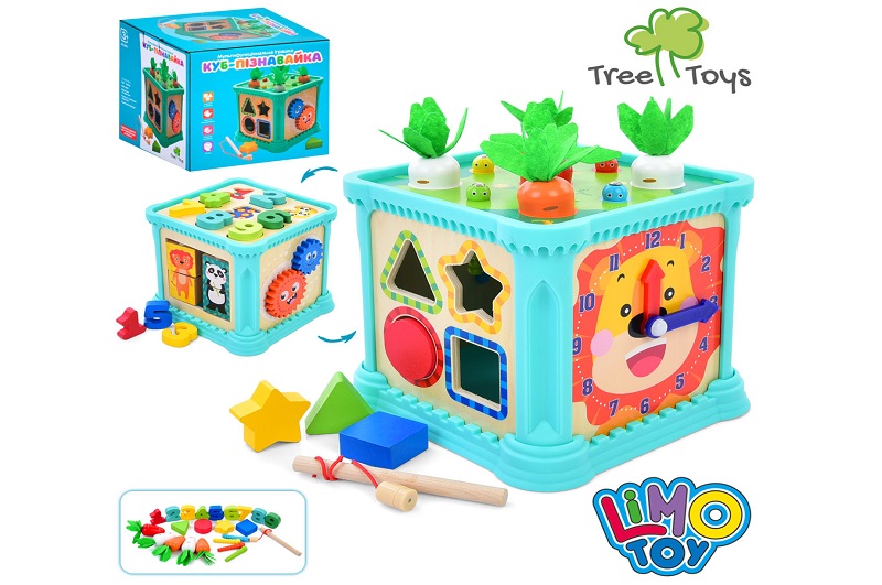 Дерев'яна іграшка центр розвиваючий MD 0835 (18шт) куб, 17-17-15см, сортер, шестерні, цифри, годинни